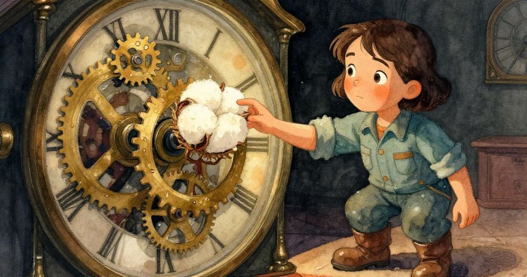 諾拉專注地將棉花置於刻有水珠的鐘錶齒輪間，她的動作充滿耐心和好奇，展現內心緊張與專注。