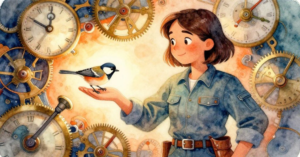 諾拉驚喜地迎接一隻頑皮麻雀落在手上，鐘錶零件環繞，她展現柔和笑容與溫暖互動。