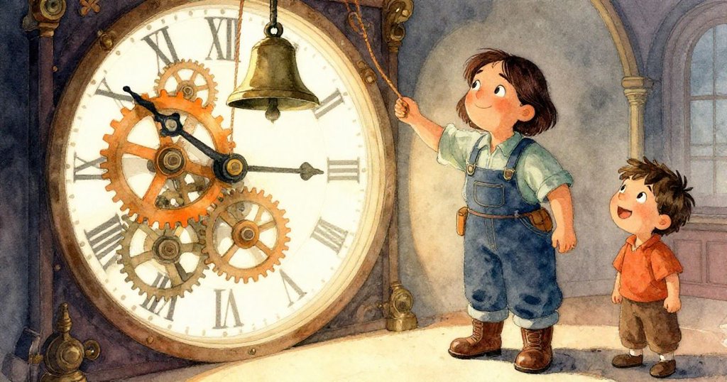 諾拉滿足地站在鐘樓內部，看著鐘錶重新運轉並敲響正午的鐘聲，溫暖光線中充滿希望與融合。