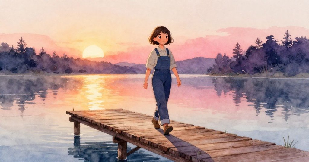 克拉拉踏上晨曦中的安靜碼頭，倒影中呈現溫暖金橙光芒，步伐堅定迎向新一天的冒險。