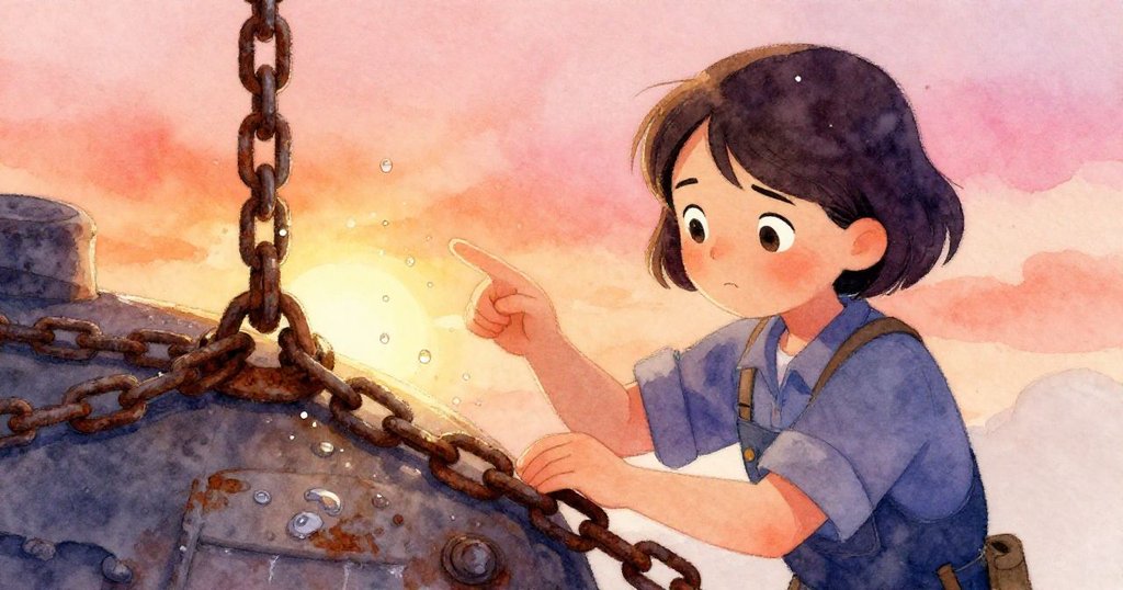 Clara專注檢查斑駁鏈條與生鏽標記，手持工具輕觸露珠，展現堅定且細膩的修復心情。