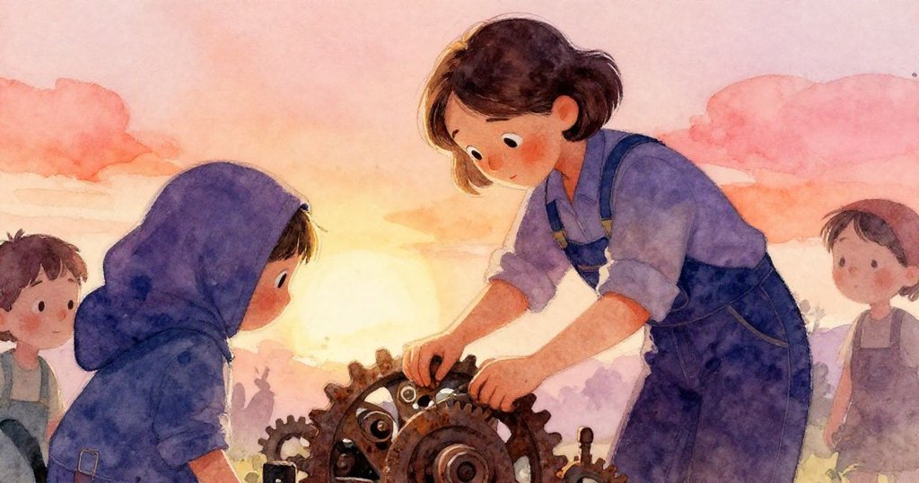 從背後視角看Clara彎腰清理齒輪，眼神專注，用石塊協助撬開鬆動螺栓，畫面充滿勞作細節。