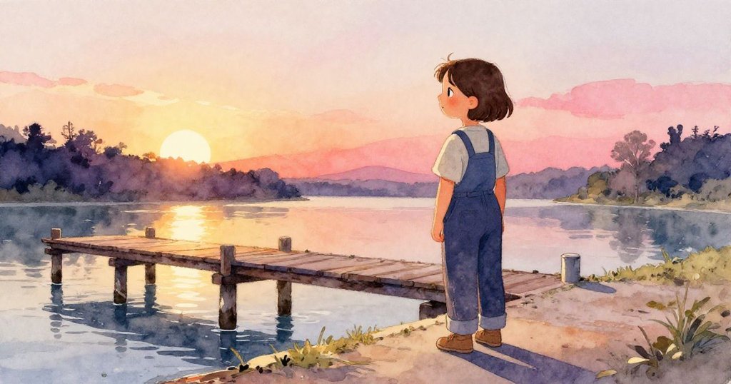 Clara站於晨霧中觀察碼頭柱上水痕，金銅光芒映襯古舊痕跡，畫面流露出深刻季節記憶。