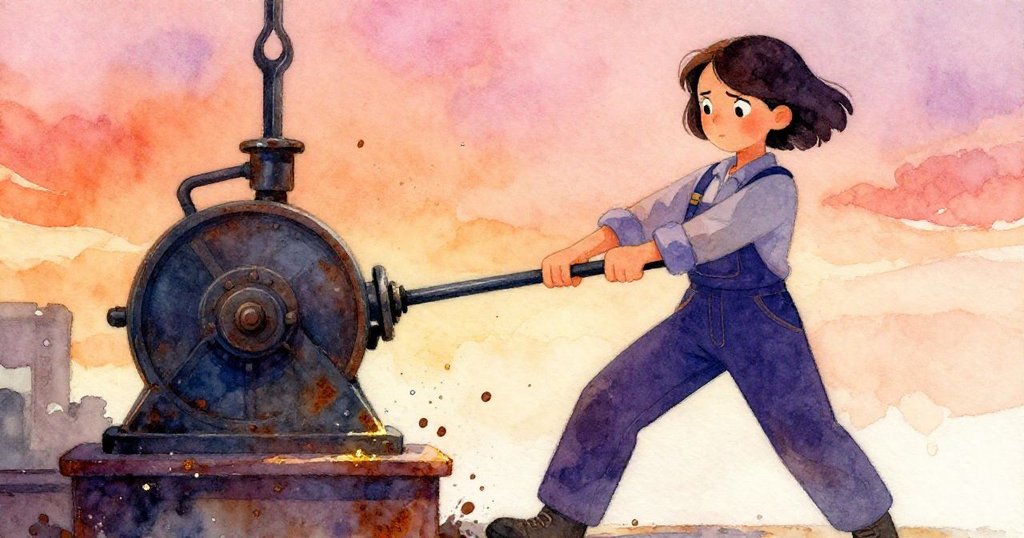 Clara用力拉動槓桿，齒輪轉動間飛散銹花和水花，瞬間展現出驚奇與緊迫的工坊現場。