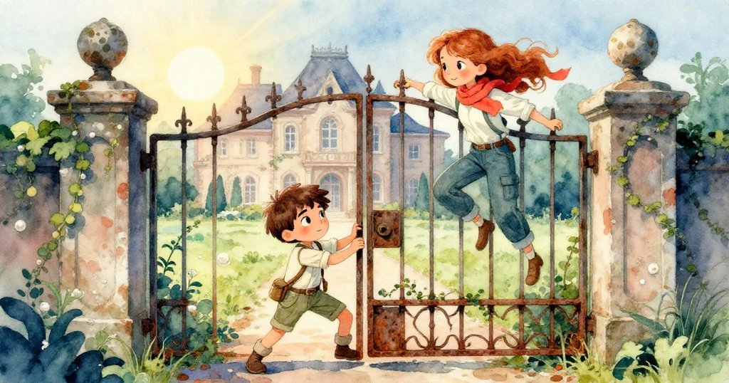 小艾薇攀上生鏽鐵門，小利奧推開門，清晨光線照耀破舊莊園，表情充滿期待與冒險感。