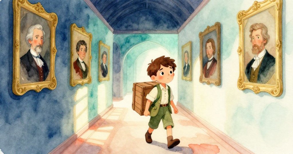 小利奧手提木箱探訪走廊，牆上創始人油畫褪色卻仍閃著光，表情專注而好奇。