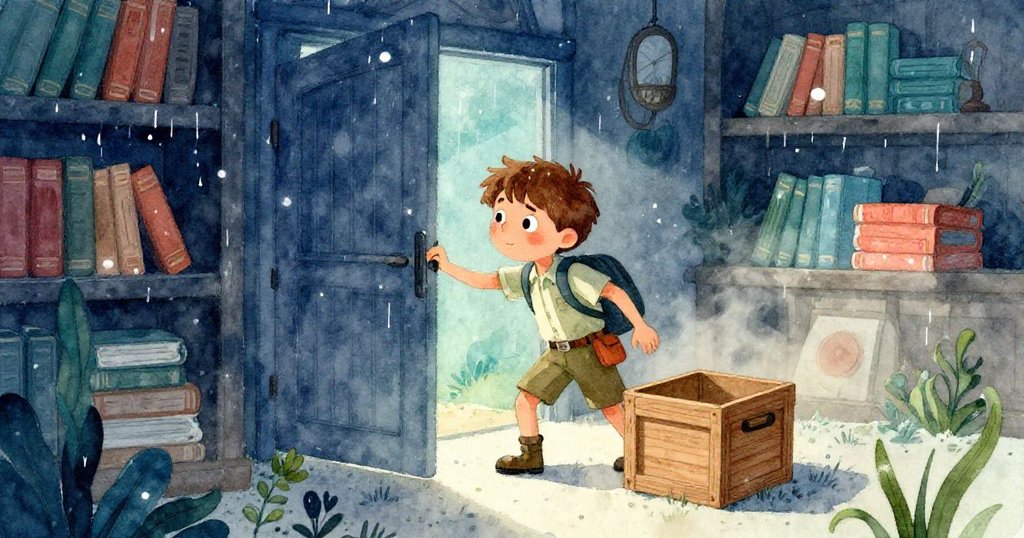 小利奧推開漲濕的圖書館門，箱子旁微微傾斜，灰塵四散，臉上露出專注神情。