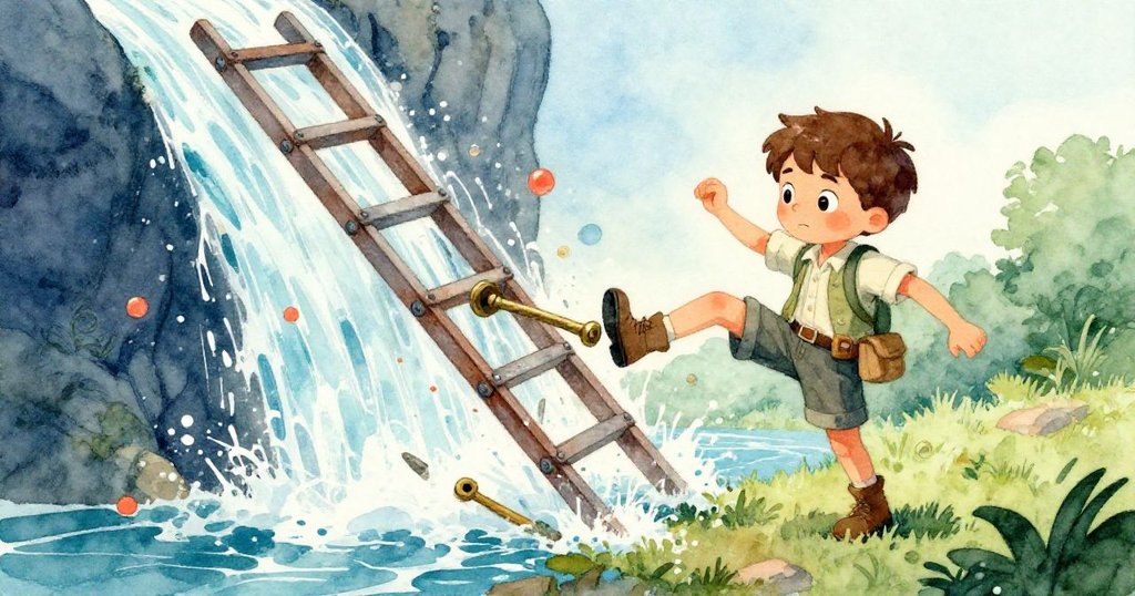 小利奧踢動生鏽梯架，書本如瀑布般傾瀉，露出古銅色槓桿，充滿驚奇與專注。