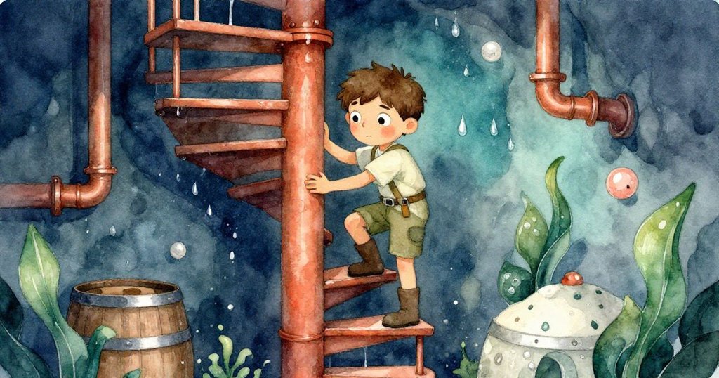 小利奧提著木箱順著蜿蜒樓梯走向涼爽酒窖，銅管和桶子環繞，神情堅定探險。