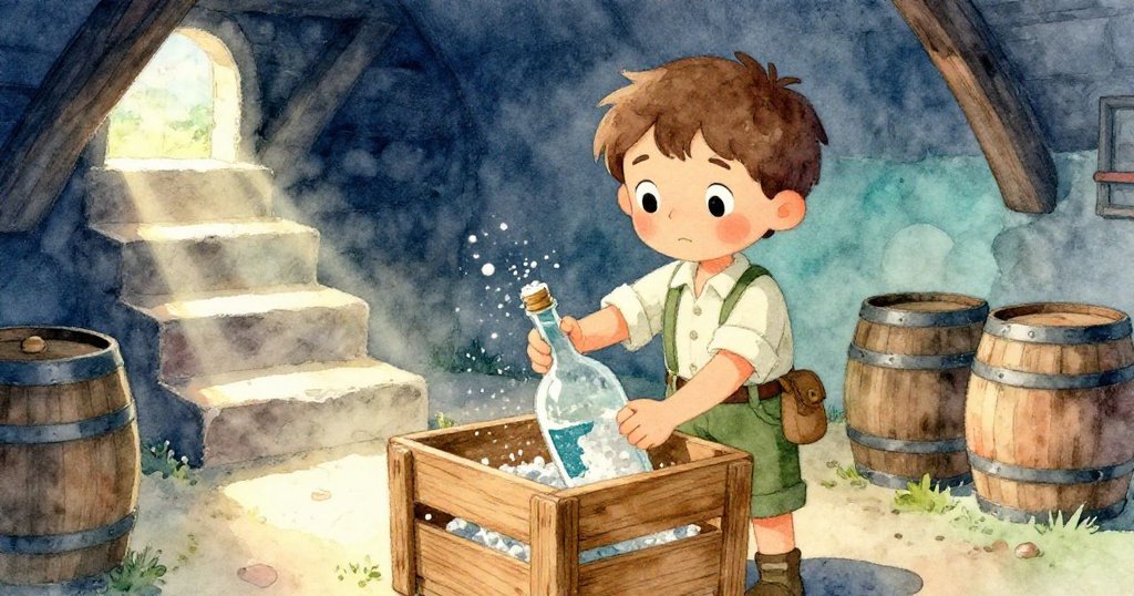 小利奧結束探險將瓶子置入箱中，站在陽光中的酒桶旁，回首滿懷喜悅與成就感。