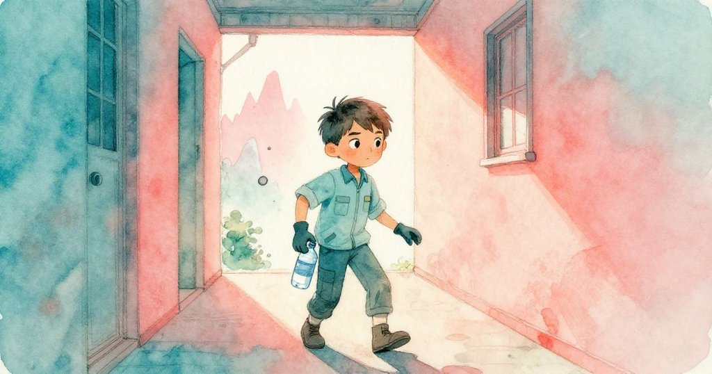 班恩在溫暖的走廊中行走，扶著水瓶，透過窗戶可見鋸齒天際線，燈光柔和，神情堅毅。