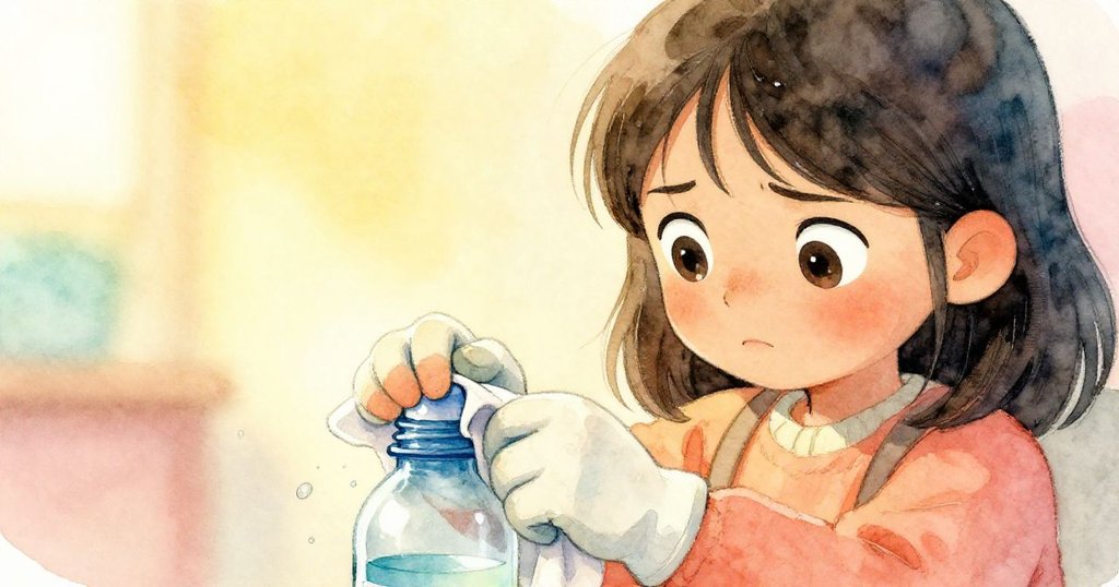 米拉聚精會神地凝視著漏水的水瓶蓋，手持布料阻止水滴，臉上透出專注與擔憂。