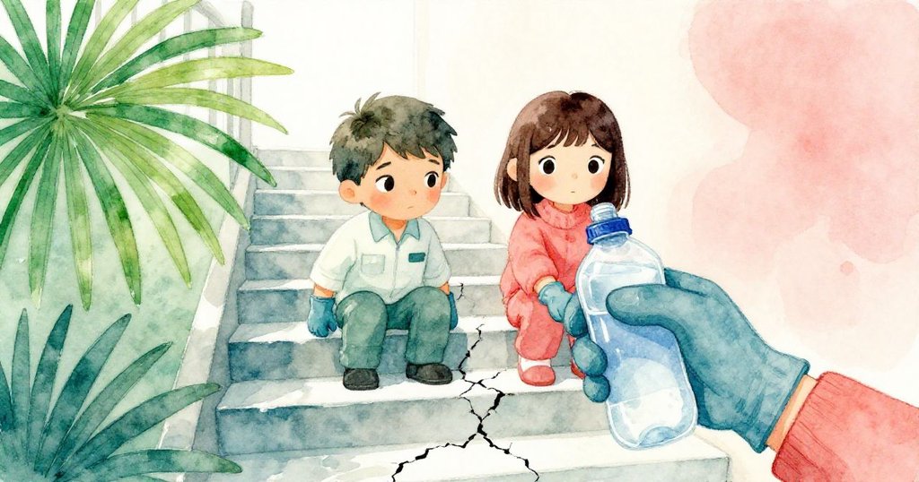 從小動物視角看見班恩與米拉在破舊的樓梯上忙碌，手部動作靈活，地面裂痕清晰，氛圍活潑而溫暖。