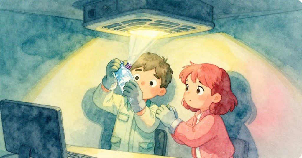 班恩與米拉在隱蔽角落下的通風口旁合作處理漏水瓶，空間狹小，燈光昏暗，表情專注且協作。