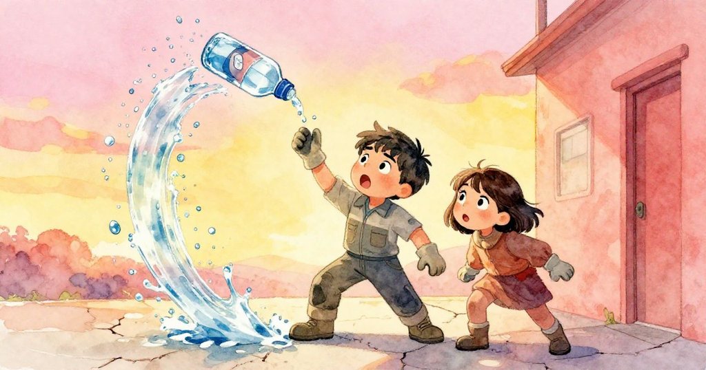 水瓶翻轉飛濺，班恩與米拉急忙衝上救援，水珠劃出動態軌跡，現場氛圍緊張而急促。