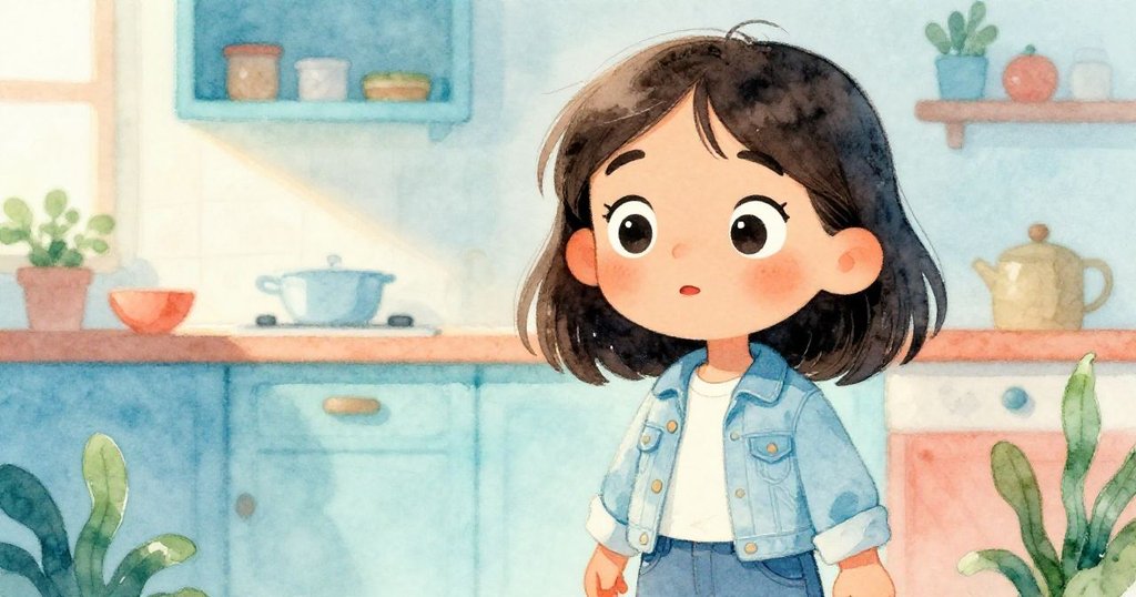 Eva的眼神充滿驚喜與欣賞，特寫鏡頭展現她眼中映出藍色海報與溫暖廚房背景