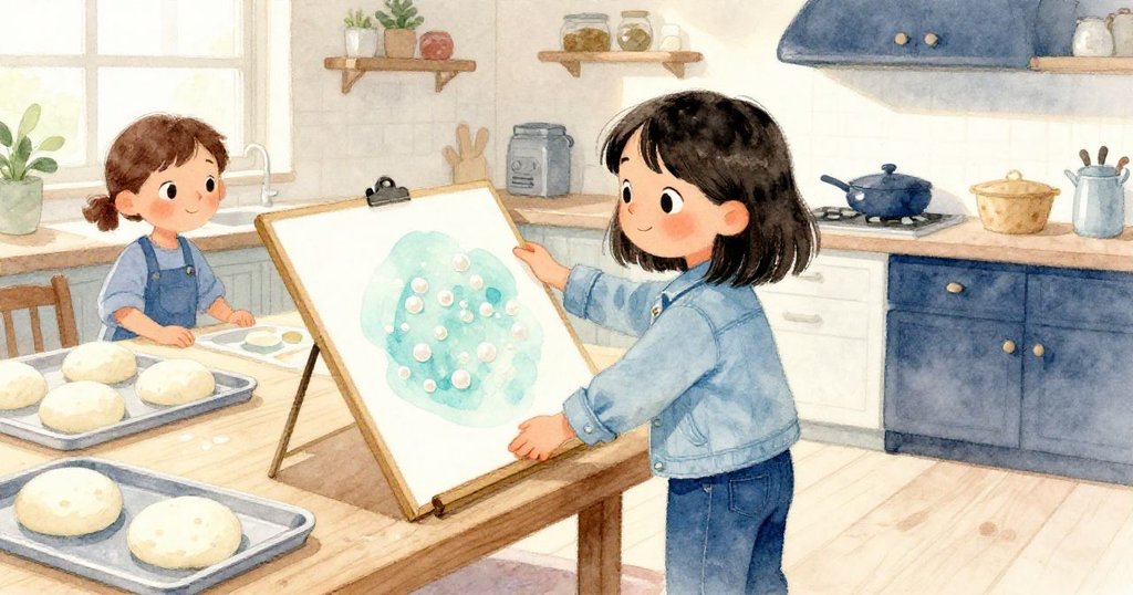 Eva背影特寫在忙碌廚房中將海報板輕放在桌邊，背景顯示發酵麵糰和溫柔窗光，動態細膩