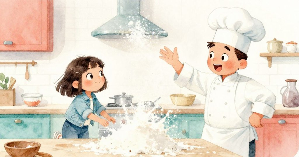 廚房中突然一陣花般飛舞的麵粉，廚師動作停留表現驚奇，Eva注視著散落美麗花紋，充滿溫暖氛圍