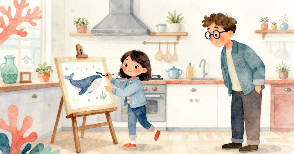 Eva微笑著欣賞完成的鯨魚畫，牛仔褲上留有麵粉痕跡，旁有進入的自然學家，廚房溫馨安靜，敘事完結