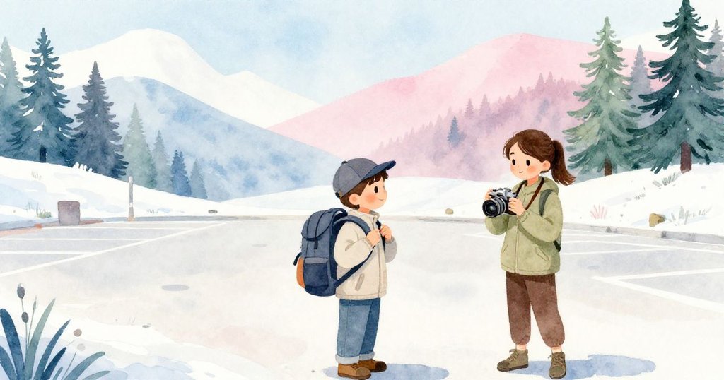 清晨微光中，Leo整理藍灰色背包，Mira調整相機，踏入綠意盎然的停車區，充滿冒險與期待。