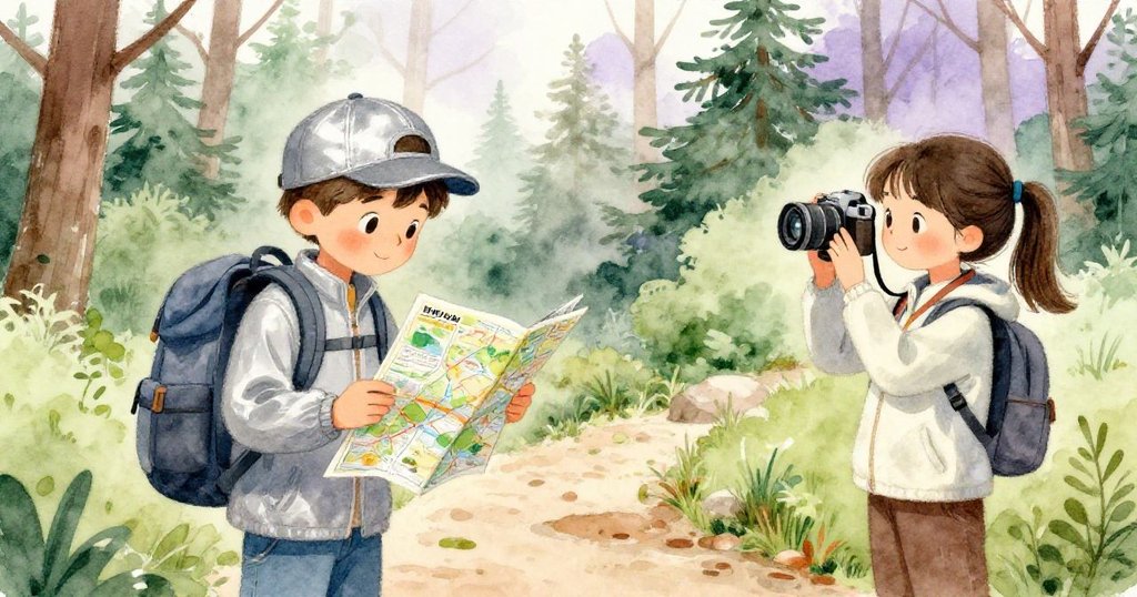 在森林小徑上，Leo低頭查看公園地圖，Mira用相機捕捉樹影與腳步，展現專注與自然的互動。