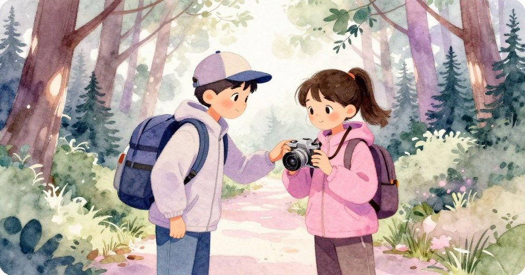 狹窄樹徑中，Leo和Mira並肩而行，肘部幾近碰觸，陽光透過樹葉灑下，呈現微妙神秘感。