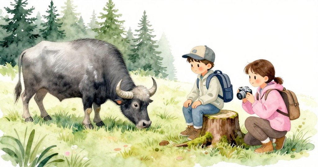 在開闊草甸中，Leo與Mira蹲下觀察靜謐覓食的水牛，臉上寫滿敬畏與好奇，環境充滿自然韻味。