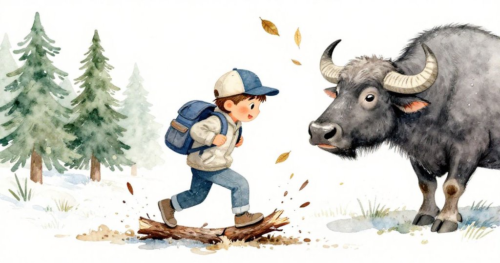 Leo踩斷樹枝發出脆響，水牛驚覺轉頭，急速飛起的樹葉與泥土交織出緊張又生動的瞬間。