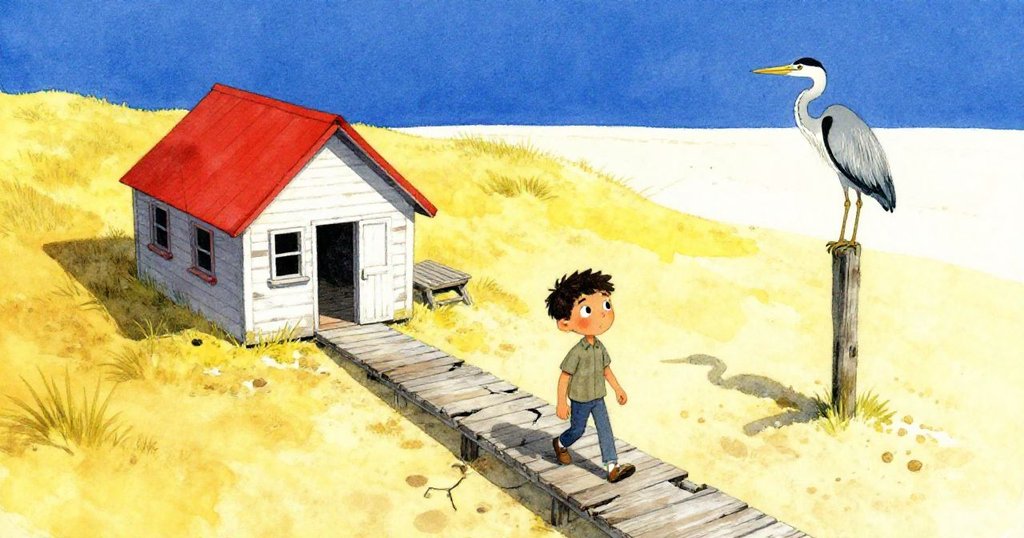 阿爾曼走在破舊木板道上,背景為廢棄海邊小屋與砂丘,灰鷺靜靜棲息,鹽霧襯出冒險與寧靜情懷