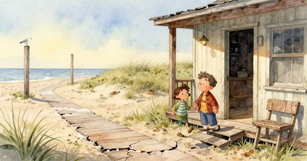 阿爾曼的鞋子踏在斑駁破舊的木板上,特寫展現裂痕與海鹽痕跡,傳達出堅定與溫馨回憶