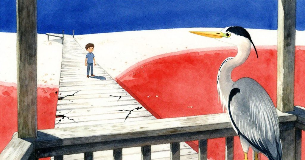 從灰鷺視角看見阿爾曼走近,舊門廊上沙粒飛揚,鷺鳥靜立注視,散發出神秘又平靜的海邊氛圍