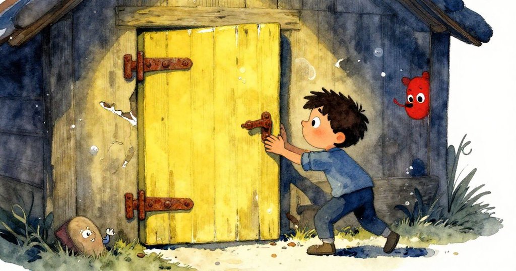 阿爾曼用力推動因海水侵蝕而腫脹變形的木門,生動呈現老宅入口的頑強與滄桑感