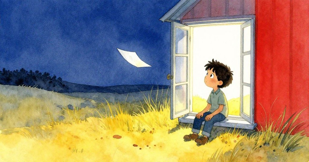 阿爾曼坐在敞窗邊沉思,溫柔目光隨著漂浮在砂丘草地上的紙頁移動,夕陽餘暉映照出舊屋與海沫的寧靜