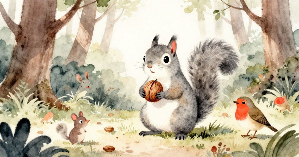 小松鼠衝過森林小徑，懷抱核桃，周圍有小鳥與生物，充滿熱情與期待的冒險氛圍。