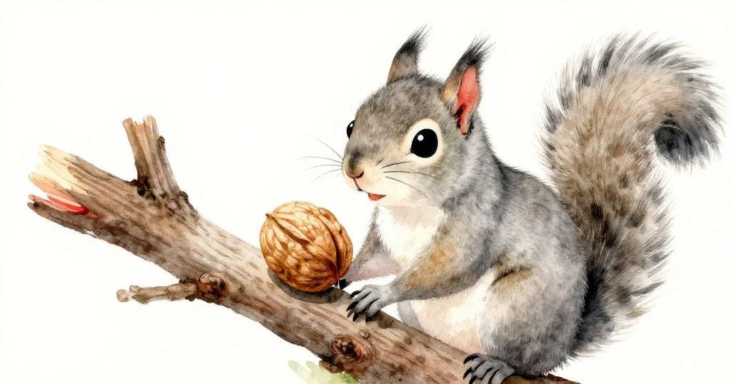 小松鼠專注展示橡樹枝樹皮和核桃的細膩紋理，充滿觸感與細緻觀察。