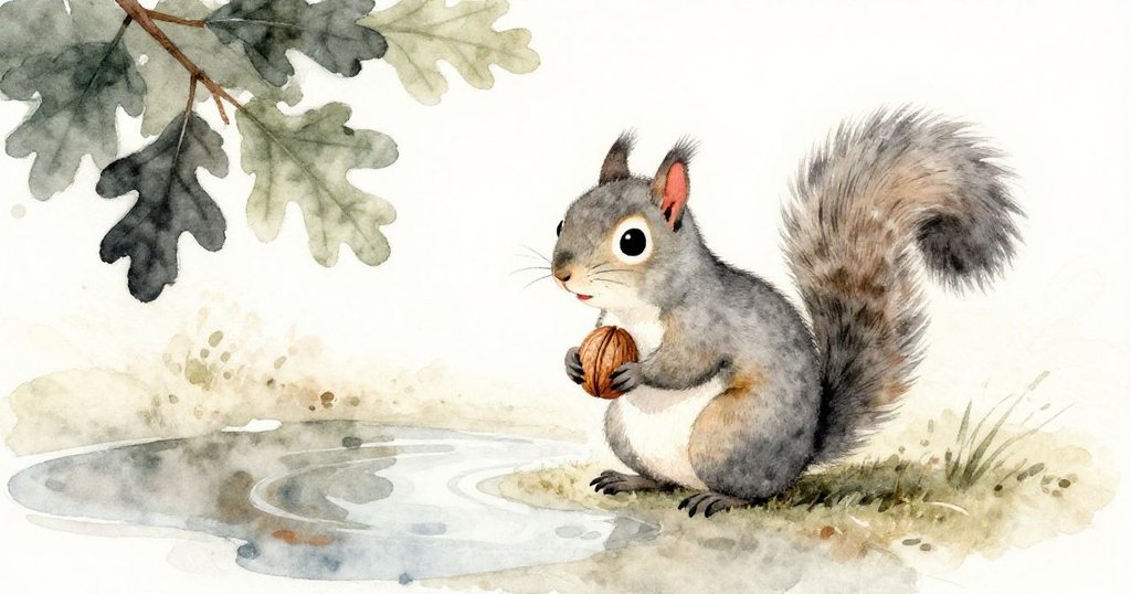 小松鼠停下凝視水潭，映出樹枝與自己好奇面孔，透著靜謐與神秘期待。