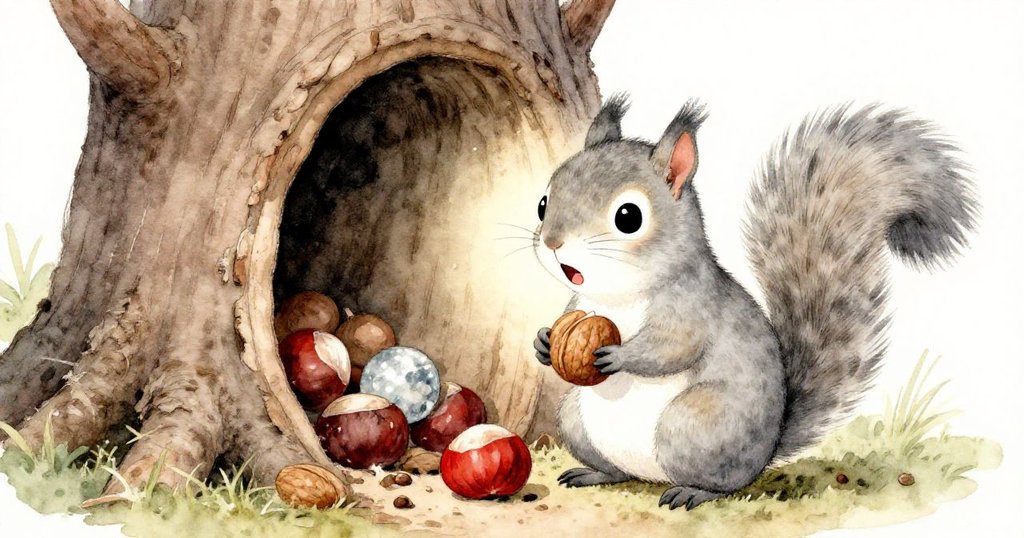 小松鼠驚喜睜大眼睛發現樹洞中隱藏的堅果與玻璃彈珠，充滿驚奇與欣喜。