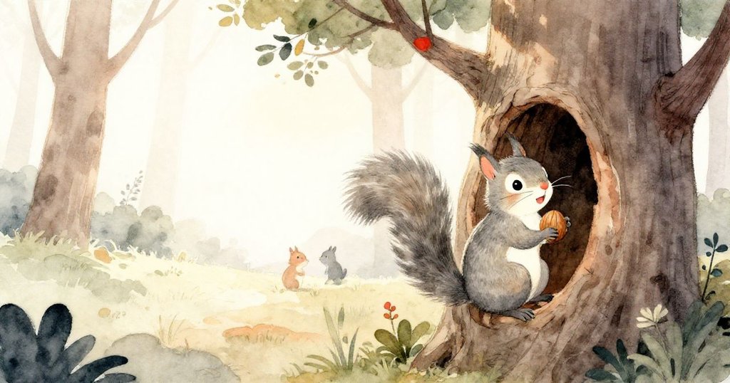 小松鼠在夕陽下滿心喜悅鑽入樹洞，樹枝靜謐環繞，結束了一段奇幻冒險旅程。