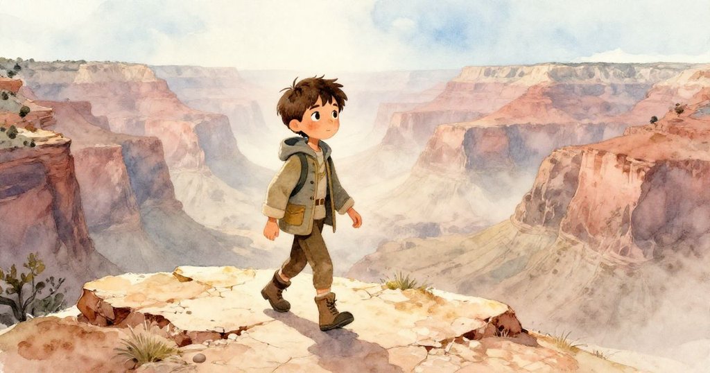 Leo 穿著探險服，踏在斑駁淺色頁岩上，晨霧彌漫，面帶堅定與好奇，環境呈現曖昧溫暖的峽谷景緻