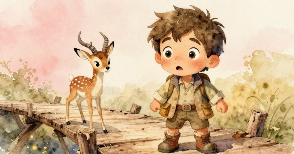 Leo 臉上露出驚愕神情，眼睛睜大凝視著搖晃橋上突然出現的羚羊，背景呈現古舊木板與飄動繩索