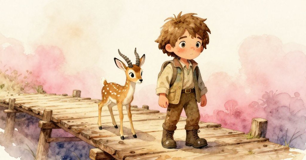 在記憶中，Leo 與羚羊站在搖晃的橋上互望，溫暖古董金色調中，整個場景充滿懷舊與靜謐情懷