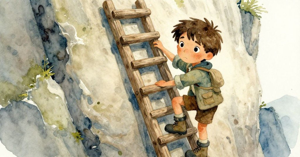 Leo 正在攀爬雕刻於懸崖上的梯子，踢起細塵，面帶堅毅與決心，背景展現風化岩石與輕塵