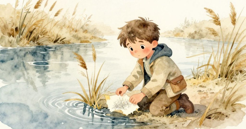 Leo 跪在河邊蘆葦叢中，小心撿起溼潤草圖本，水面反射夕陽光暈，表情中透著淡淡告別與新希望