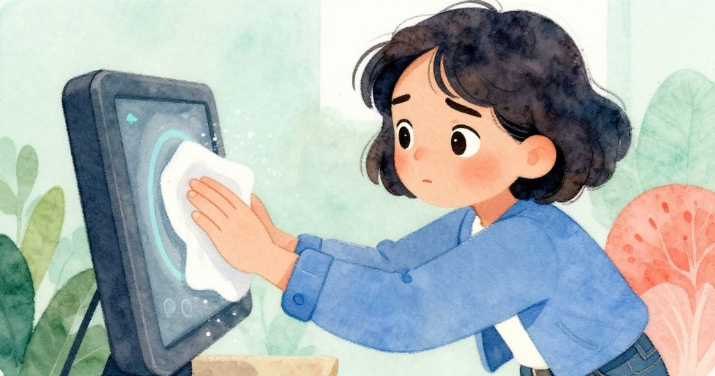 Marin專注擦拭傳感器屏幕，臉上既困惑又期待，樹影搖曳，展現修復電子裝置的細膩努力。