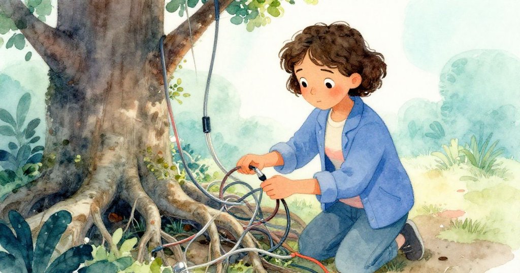 Marin從高角度檢查線路與樹根，她用棍子撥開纏繞電纜，表情專注，展現面對困難的堅毅精神。