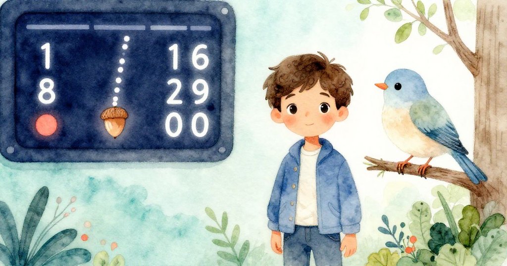 橡實撞擊傳感器接口，屏幕閃白數字流動，小鳥靜立枝頭，Marin驚喜觀察，呈現意外奇跡與科技神韻。