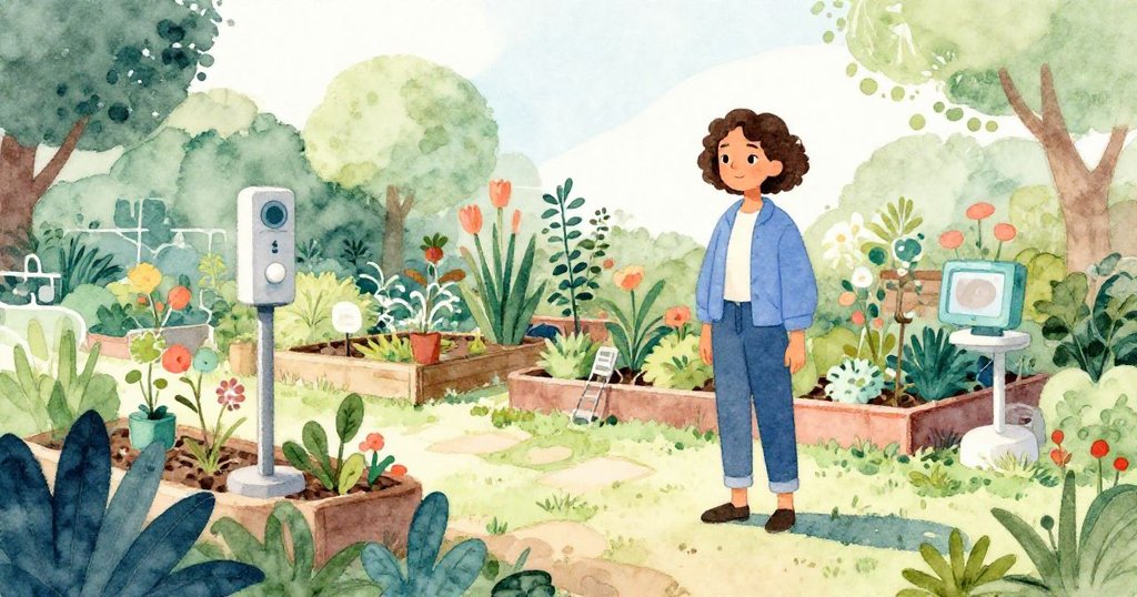 Marin站在陽光斜照的公園中，望著重獲生機的傳感器和花園，滿懷希望與滿足，環境和諧自然。