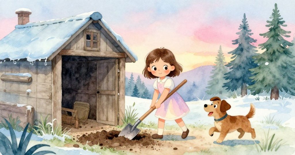 Mia在院子裡用鐵鍬挖土，Bristle興奮地圍繞，背景有小屋與綠草，表情專注而期待，展現寧靜開始。