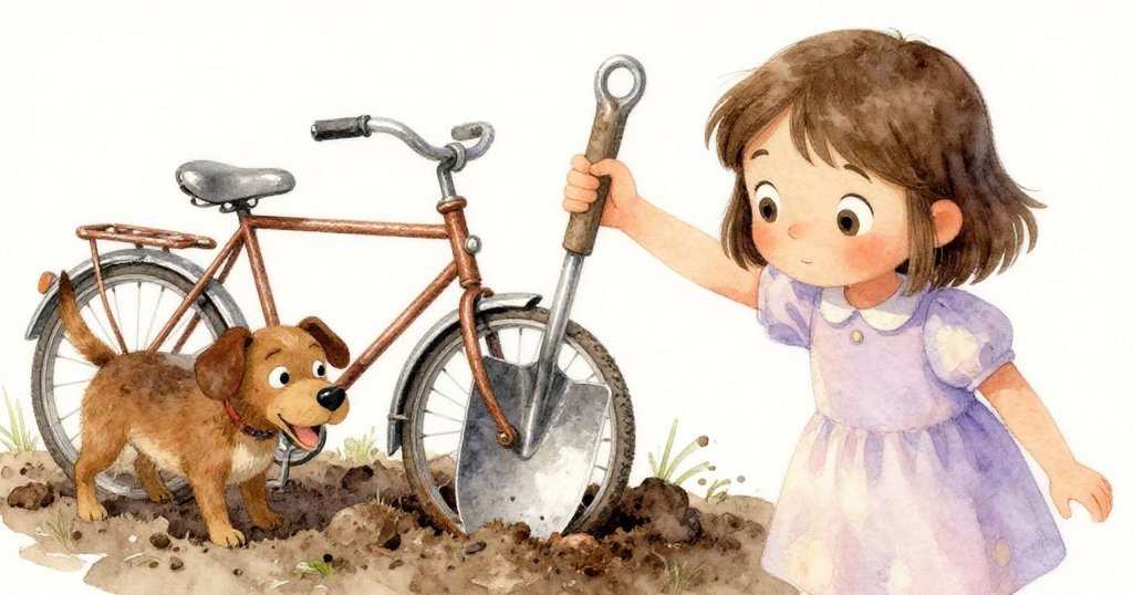 Mia發現金屬撞擊聲中露出生鏽的自行車，手輕拂土壤，Bristle在旁邊好奇觀察，瞬間驚喜浮現。