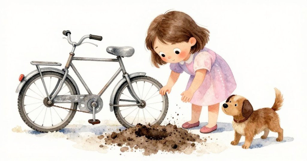 從上方俯視，Mia彎腰輕拂土壤露出生鏽舊車，表情滿是驚奇與謹慎，Bristle活潑在旁陪伴。